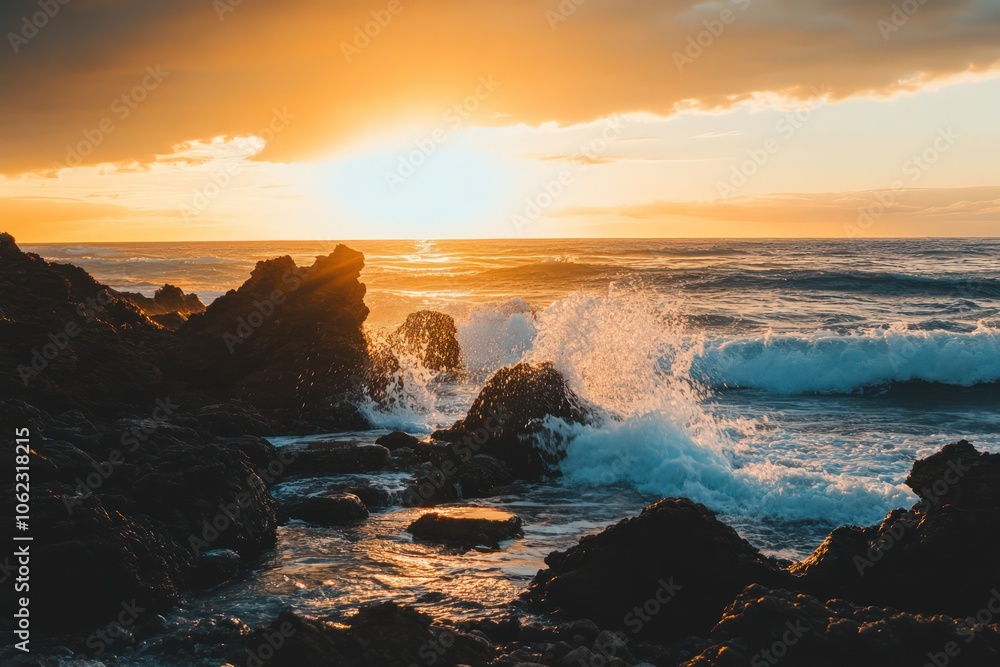 Rocky coastline with tide pools and crashing waves, with a golden sunset in the background Rocky coastline with tide pools and crashing waves, with a golden sunset in the background