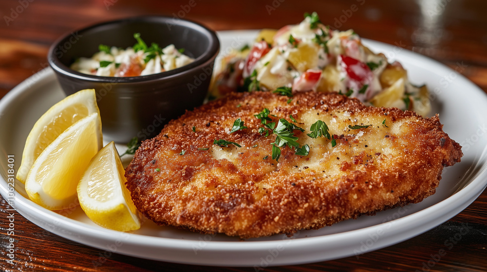 a perfectly golden-brown Wiener schnitzel on a white plate, served with fresh lemon wedges, a side of potato salad, and a small garnish of parsley a perfectly golden-brown Wiener schnitzel on a white plate, served with fresh lemon wedges, a side of potato salad, and a small garnish of parsley