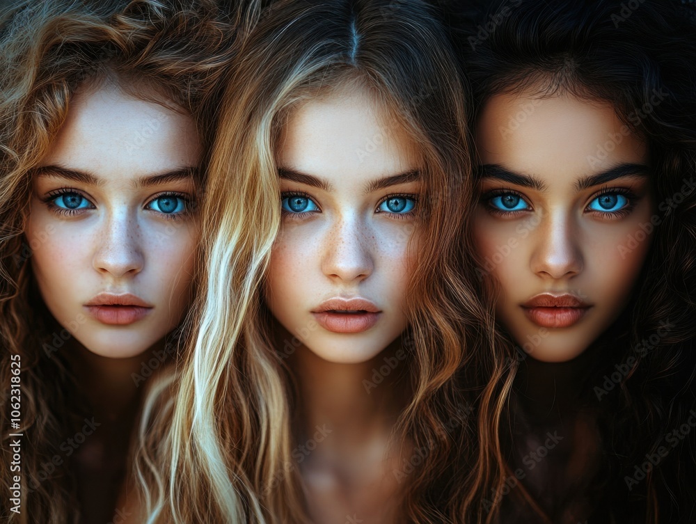 Three women with striking blue eyes and diverse hairstyles gaze directly, highlighting natural beauty and diversity. Three women with striking blue eyes and diverse hairstyles gaze directly, highlighting natural beauty and diversity.