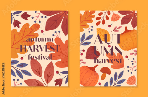 Autumn harvest festival posters with pumpkins,leaves,mushroom,berries,plants in fall colors.Vector harvest fest illustrations.Trendy fall templates for prints,ad,smm,banners,invitations,covers
