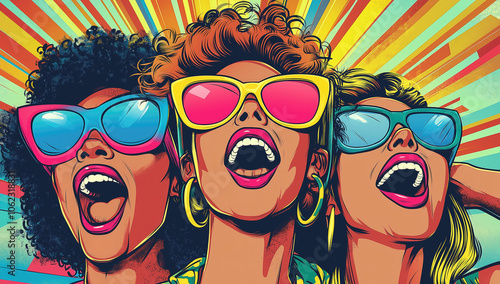 Vibrant pop art illustration of three joyful women with colorful sunglasses and retro style