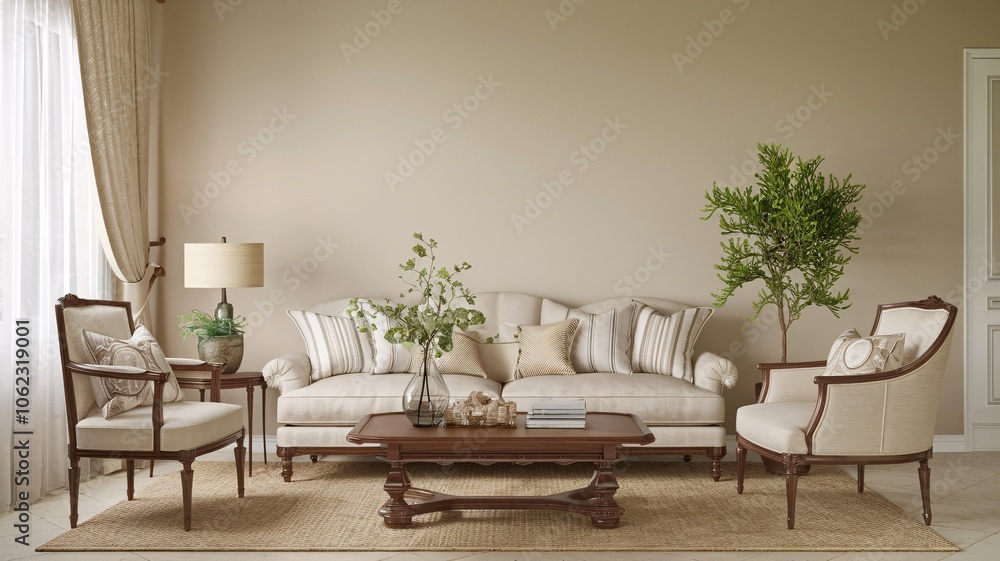 Traditional Living Room Classic living room with beige sofa, two armchairs, coffee table, plants, and rug. Traditional Living Room Classic living room with beige sofa, two armchairs, coffee table, plants, and rug.