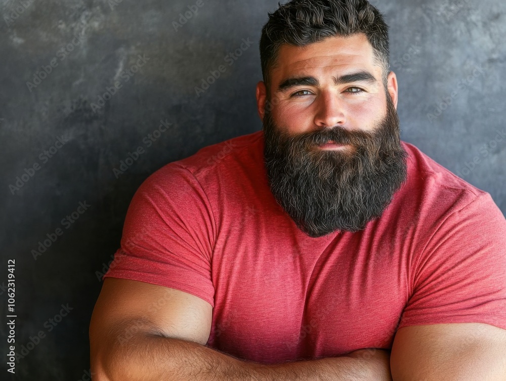 A bearded man in a red shirt poses confidently against a textured dark background, exuding a charismatic and approachable vibe. A bearded man in a red shirt poses confidently against a textured dark background, exuding a charismatic and approachable vibe.