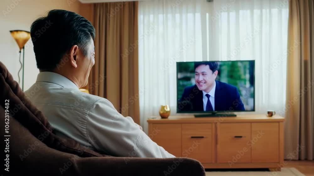 A man is sitting on a couch watching television. The television is showing a man wearing a tie A man is sitting on a couch watching television. The television is showing a man wearing a tie