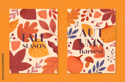 Autumn harvest festival posters with pumpkins,leaves,mushroom,berries,plants in fall colors.Vector harvest fest illustrations.Trendy fall templates for prints,ad,smm,banners,invitations,covers