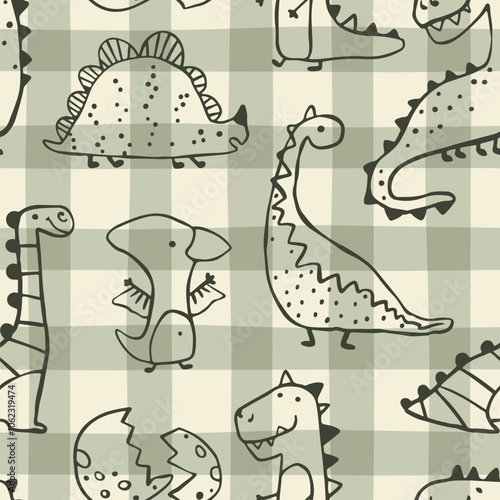 Gingham Dino vector seamless pattern with hand drawn dinosaurs and tropical plants and palm trees. Contours on a green khaki background. Ideal for baby textiles, clothing and decor.