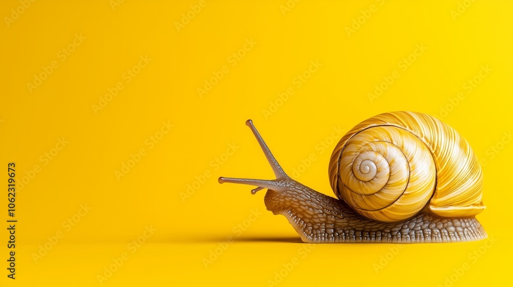 Obraz premium A vibrant yellow snail slowly gliding across a bright yellow background. A colorful snail moves gracefully over a vivid yellow surface, showcasing its unique shell.