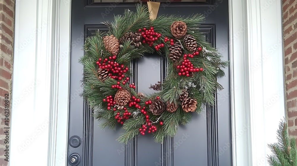 Holiday wreath with red berries and pinecones Holiday wreath with red berries and pinecones