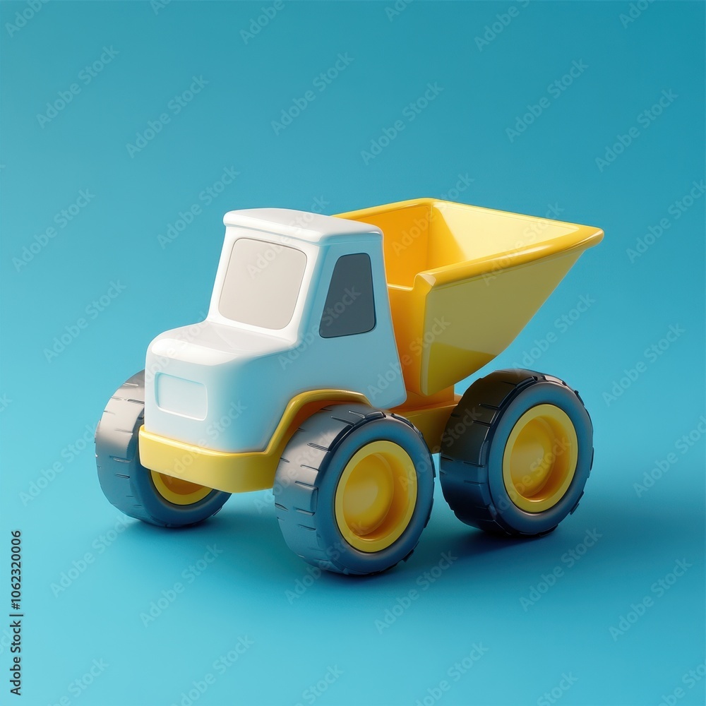 Vibrant Yellow Toy Dump Truck Against Bright Blue Background Vibrant Yellow Toy Dump Truck Against Bright Blue Background