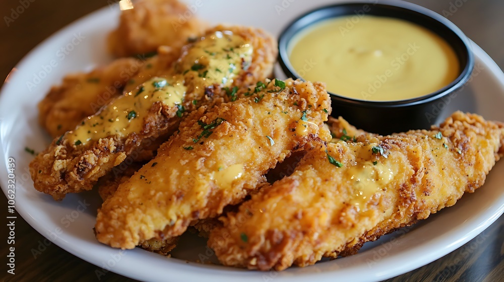 A plate of crispy fried chicken tenders served with honey mustard dipping sauce A plate of crispy fried chicken tenders served with honey mustard dipping sauce