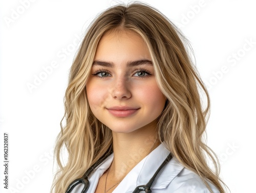 Portrait of a female doctor with long blonde hair and a gentle smile, isolated on a white background, exuding professionalism and warmth.