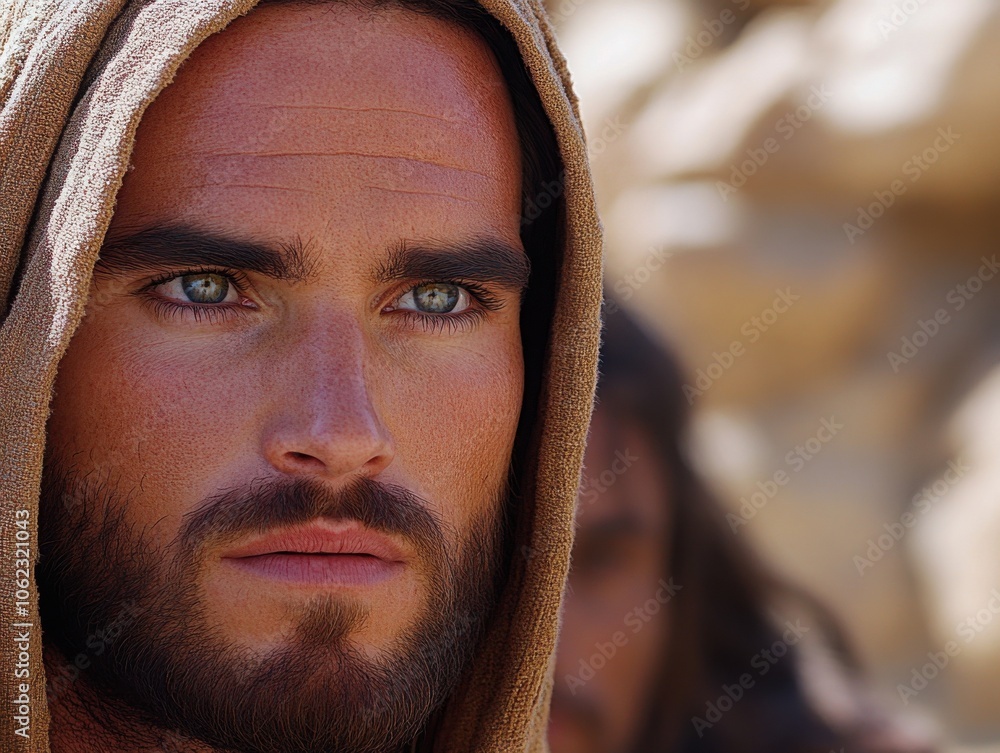 A close-up of a person with a hood, striking blue eyes, and a contemplative expression, set against a blurred, warm-toned background. A close-up of a person with a hood, striking blue eyes, and a contemplative expression, set against a blurred, warm-toned background.