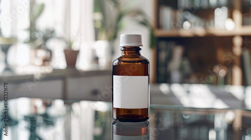 A white supplement bottle surrounded by green plants, placed on a white table, blending nature with health and wellness.