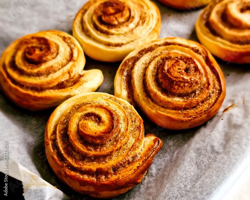 Freshly baked cinnamon rolls on a tray