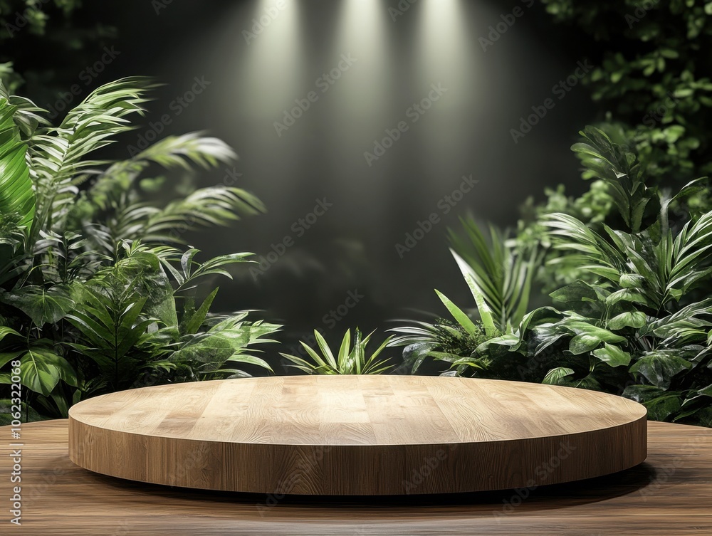 A wooden podium set amidst lush tropical foliage, subtly illuminated for product display. The ambiance is serene and natural. A wooden podium set amidst lush tropical foliage, subtly illuminated for product display. The ambiance is serene and natural.