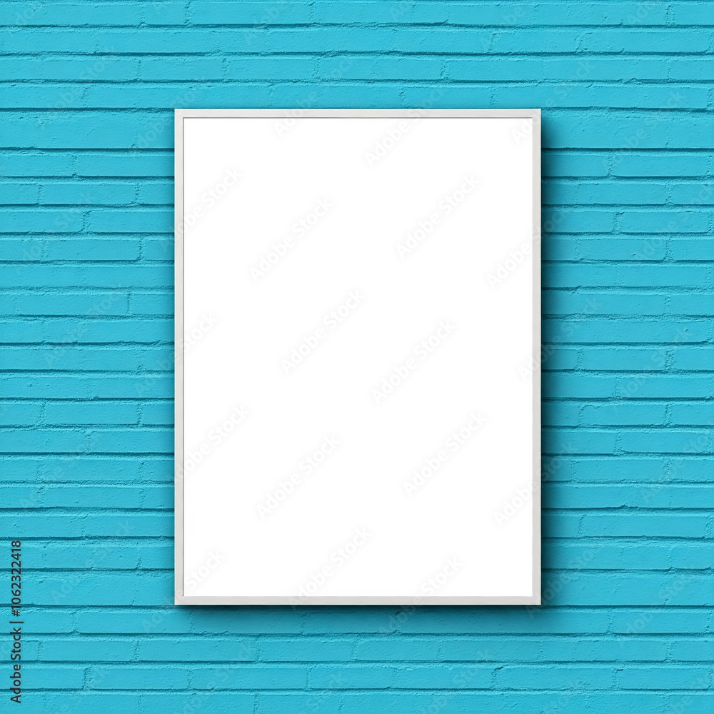 white blank paper on blue background. frame on wall. white paper poster mockup in blue wall. white blank paper on blue background. frame on wall. white paper poster mockup in blue wall.