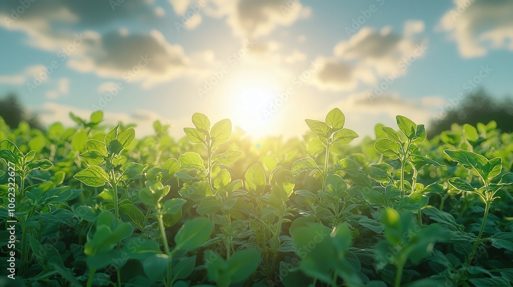 Sunrise over lush green field of young greenery: nature's renewal and growth