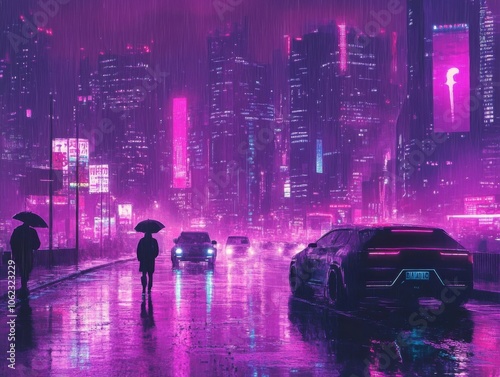 A vibrant cyberpunk cityscape featuring neon-lit skyscrapers, a rainy street, and futuristic vehicles. The atmosphere is moody and technologically infused.