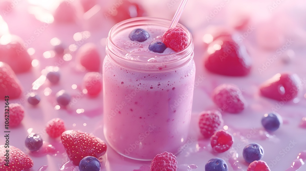 A jar of pink smoothie surrounded by berries, pastel-colored background, soft lighting, close-up shot, minimalist style, pink and white tones, with strawberries, blueberries, raspberries A jar of pink smoothie surrounded by berries, pastel-colored background, soft lighting, close-up shot, minimalist style, pink and white tones, with strawberries, blueberries, raspberries