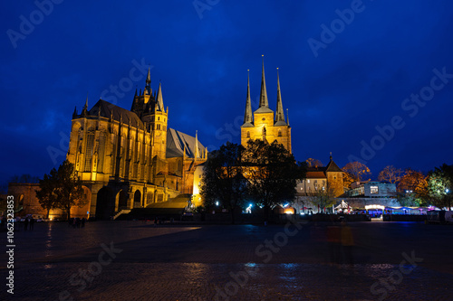 cathedral square in Erfurt with view to cathedral and church Severi in the blue hour