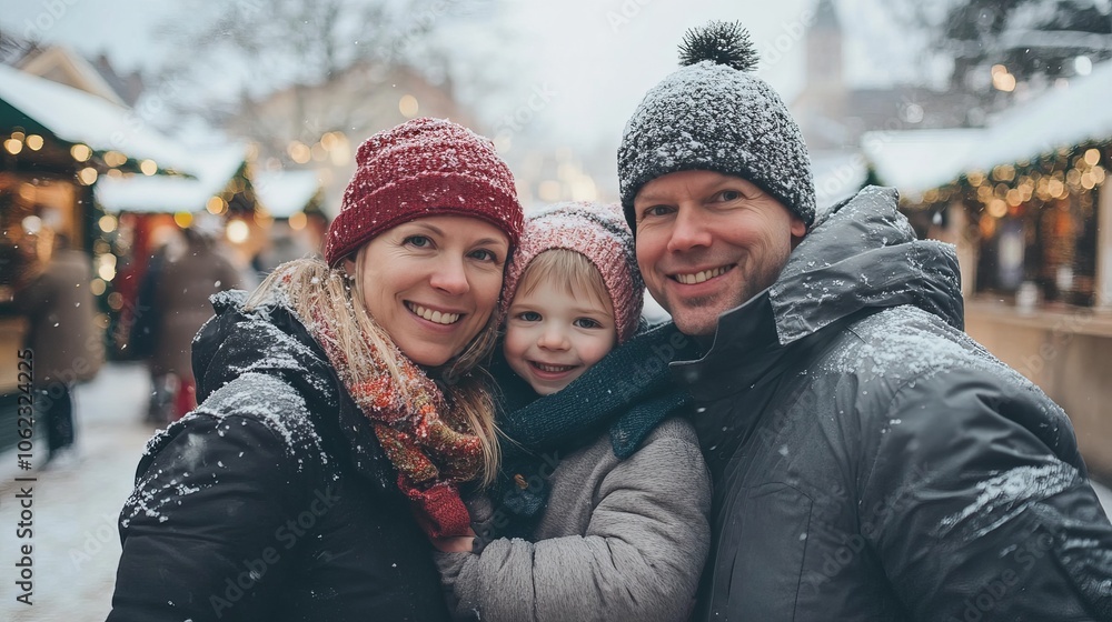 A family is enjoying the Christmas market in Tallinn, Estonia. The mother, father, and daughter are smiling and happy. They are surrounded by snow and Christmas decorations. A family is enjoying the Christmas market in Tallinn, Estonia. The mother, father, and daughter are smiling and happy. They are surrounded by snow and Christmas decorations.