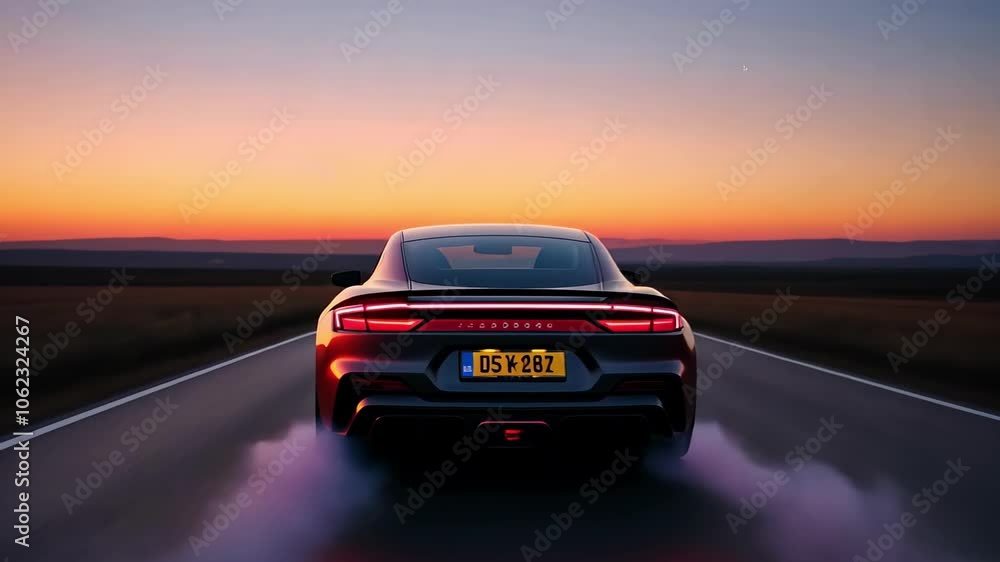 A red car is parked on a hillside at sunset. The car is sleek and modern, with a shiny black exterior and a bright red tail light. The sunset in the background creates a warm and serene atmosphere A red car is parked on a hillside at sunset. The car is sleek and modern, with a shiny black exterior and a bright red tail light. The sunset in the background creates a warm and serene atmosphere