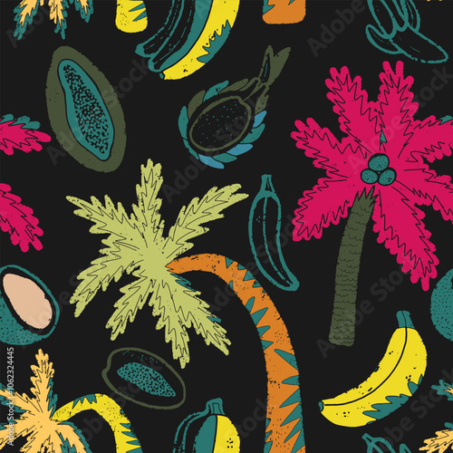 Palm trees and exotic tropical fruits texture stylized seamless pattern rapport vector