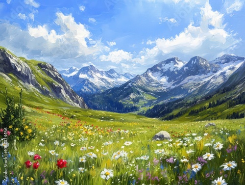 Fototapeta Naklejka Na Ścianę i Meble -  Rugged mountain terrain with alpine meadows and scattered wildflowers, under a bright and clear blue sky