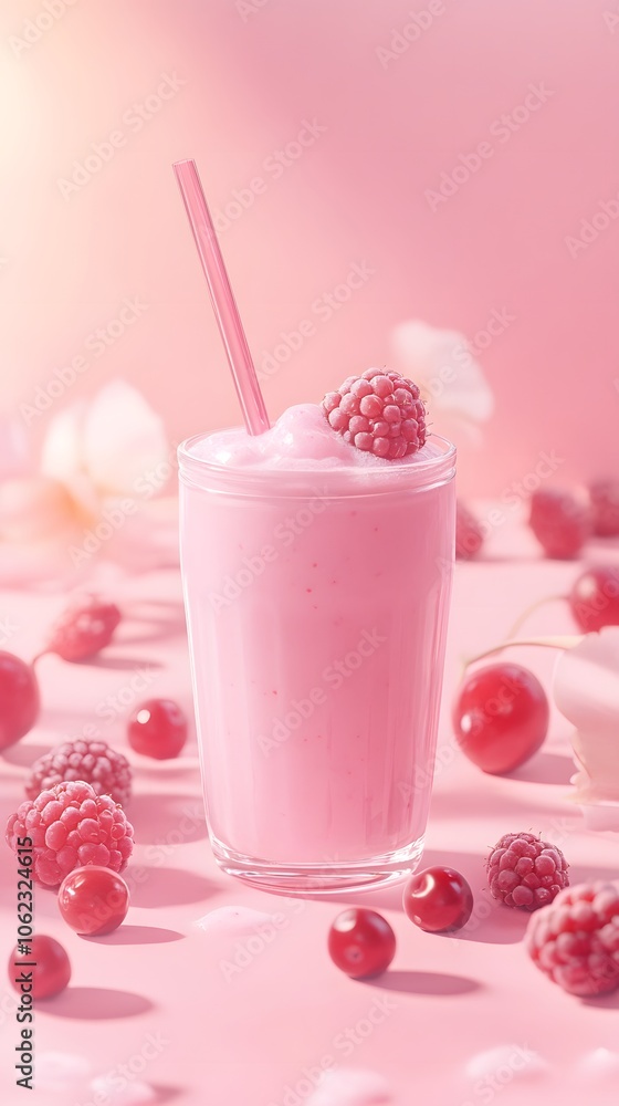A jar of pink smoothie surrounded by berries, pastel-colored background, soft lighting, close-up shot, minimalist style, pink and white tones, with strawberries, blueberries, raspberries A jar of pink smoothie surrounded by berries, pastel-colored background, soft lighting, close-up shot, minimalist style, pink and white tones, with strawberries, blueberries, raspberries
