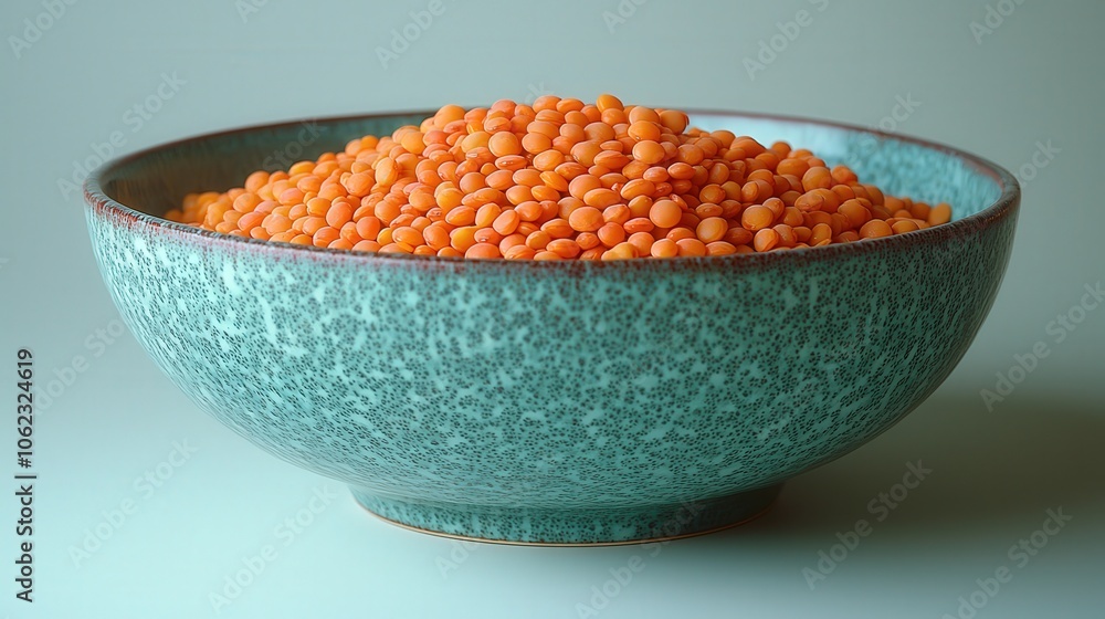 Vibrant red lentils in rustic ceramic bowl on minimalistic background Vibrant red lentils in rustic ceramic bowl on minimalistic background