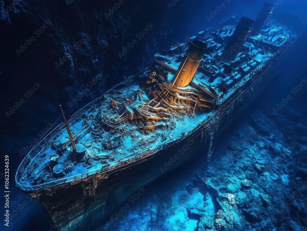 A cinematic portrayal of the RMS Titanic shipwreck at the ocean floor, captured in vivid detail with dramatic lighting, showcasing its haunting grandeur. A cinematic portrayal of the RMS Titanic shipwreck at the ocean floor, captured in vivid detail with dramatic lighting, showcasing its haunting grandeur.