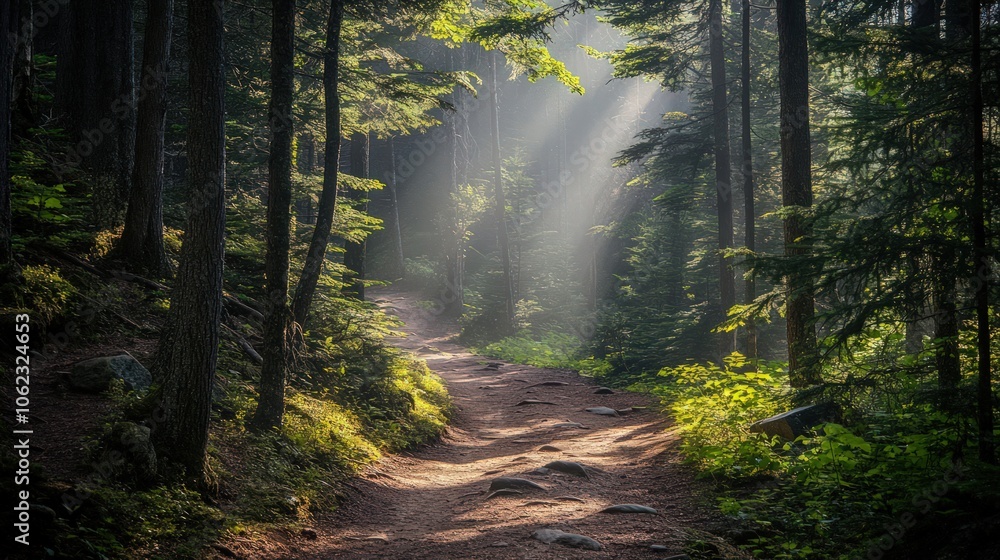 Fototapeta premium Rugged mountain trail winding through a dense forest, with patches sunlight filtering through the trees