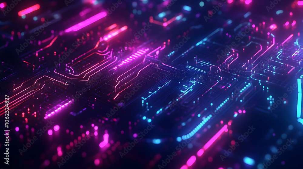A futuristic circuit board illuminated with pink and blue neon lights, representing advanced technology and innovation. A futuristic circuit board illuminated with pink and blue neon lights, representing advanced technology and innovation.