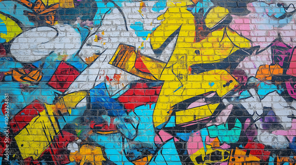 A brick wall covered in colorful graffiti. A brick wall covered in colorful graffiti.