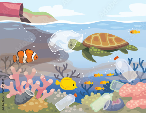 A turtle swims underwater. Underwater life with  turtle. Contaminated sea with plastic bags, cans and bottles. Dirty water. Ocean life in danger.