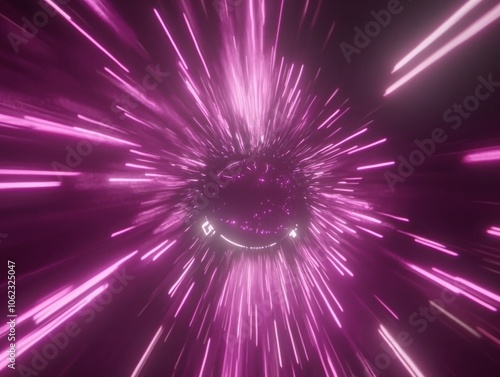 A vibrant digital abstract artwork featuring neon lights forming a dynamic tunnel, emitting a futuristic and energetic vibe with pink and purple hues. photo