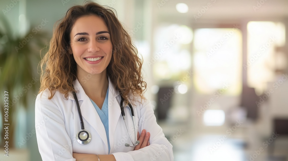 Confident Female Doctor in Modern Clinic. A smiling female doctor with arms crossed stands confidently in a modern, well-lit clinic. Confident Female Doctor in Modern Clinic. A smiling female doctor with arms crossed stands confidently in a modern, well-lit clinic.