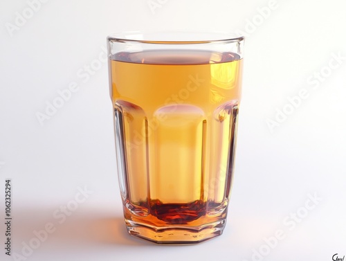 A 3D rendering of a transparent glass filled with a gradient of orange and yellow liquid, casting a subtle shadow on a light background.