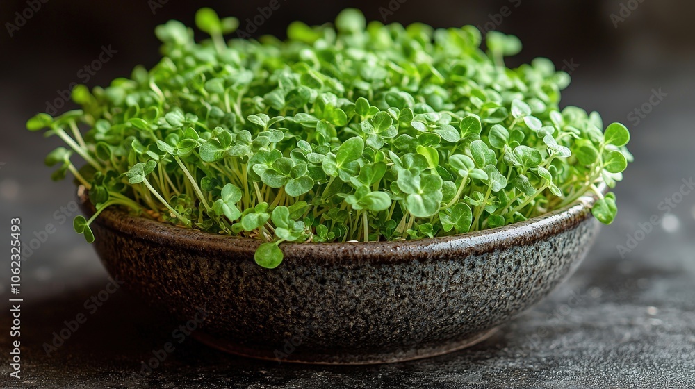 Fresh green microgreens in a rustic bowl on dark background