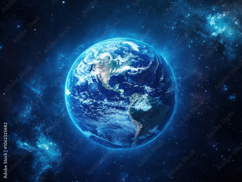 Obraz premium A stunning 8k cinematic image of Earth in space, showcasing vibrant colors and a detailed view of continents under a star-filled sky.