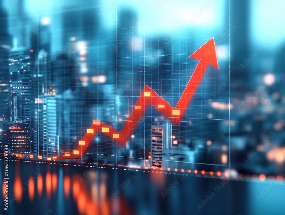 A vibrant digital illustration of a red upward arrow symbolizing growth and success in a futuristic cityscape, emphasizing business progress. A vibrant digital illustration of a red upward arrow symbolizing growth and success in a futuristic cityscape, emphasizing business progress.