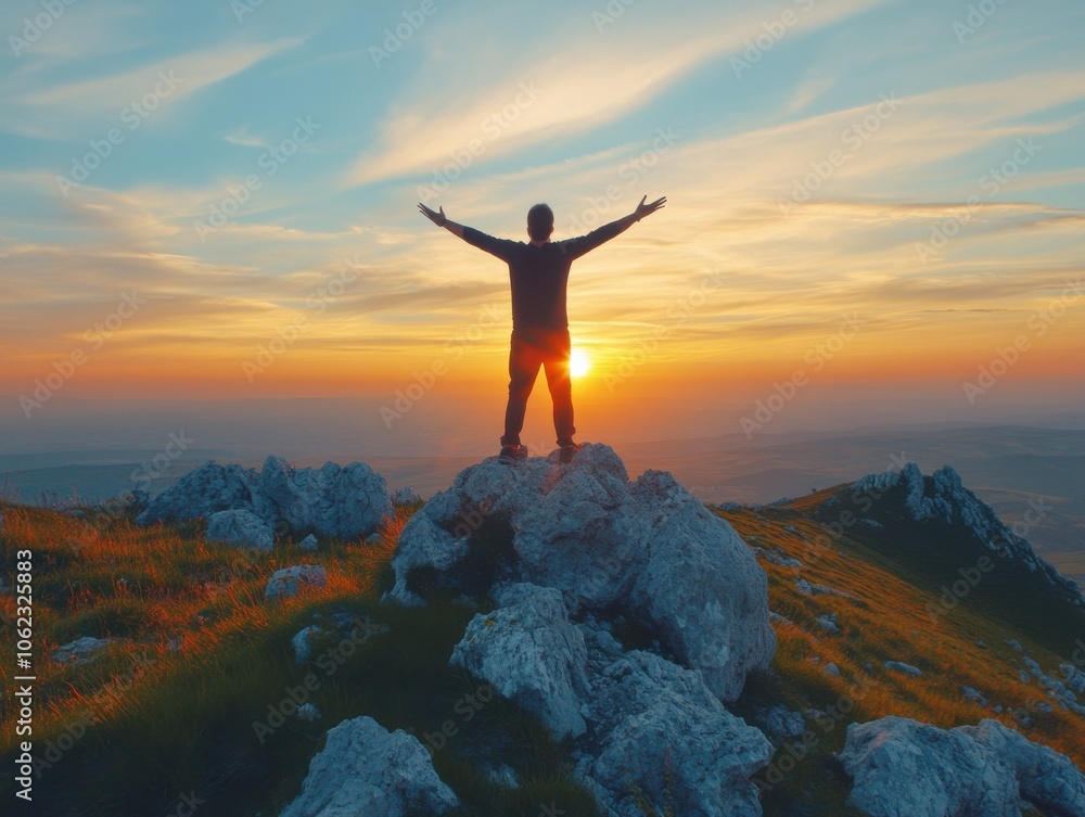 A silhouette of a person stands triumphantly on a mountaintop at sunset, arms outstretched, capturing a moment of freedom and serenity. A silhouette of a person stands triumphantly on a mountaintop at sunset, arms outstretched, capturing a moment of freedom and serenity.