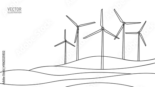 Wind mill, wind generator energy, single continuous line art drawing. Windmill tower save ecology green energy electricity. Hilly landscape with generate wind turbines. Vector one outline