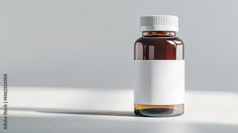 dark brown medicine bottle with blank white label on a light background, minimal and efficient. dark brown medicine bottle with blank white label on a light background, minimal and efficient.