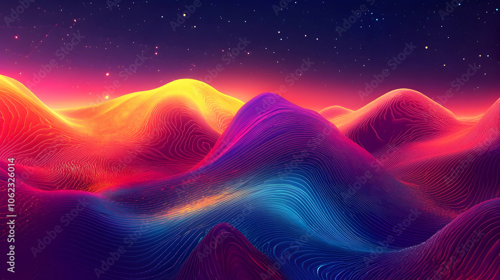An enchanting mountain scene with vivid colors transitioning from deep pinks to radiant yellows, mimicking the beauty of a cosmic sunset. An enchanting mountain scene with vivid colors transitioning from deep pinks to radiant yellows, mimicking the beauty of a cosmic sunset.
