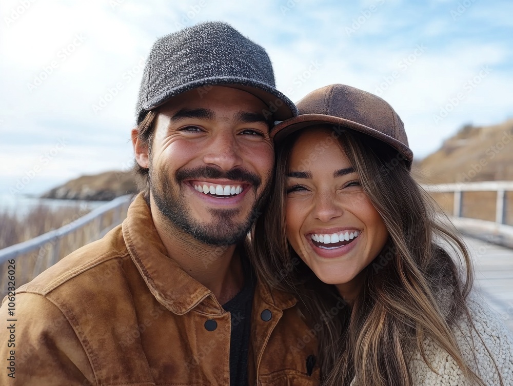 A couple wearing hats, laughing together in a natural outdoor setting, captured in high resolution, evoking warmth and joy. A couple wearing hats, laughing together in a natural outdoor setting, captured in high resolution, evoking warmth and joy.