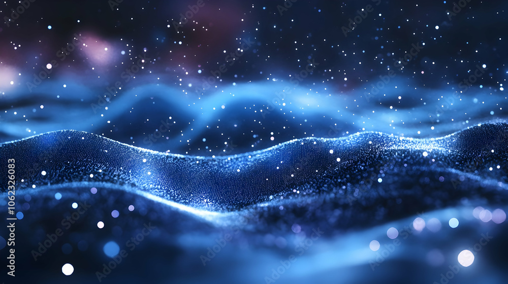 Delicate shimmering blue waves flowing through a starry night backdrop, evoking serenity and cosmic inspiration. Delicate shimmering blue waves flowing through a starry night backdrop, evoking serenity and cosmic inspiration.