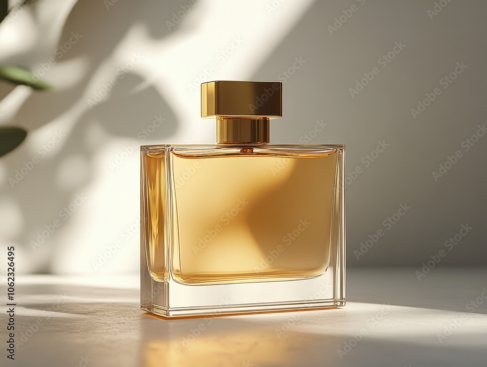 A gold glass bottle containing men's eau de parfum stands elegantly on a sunlit surface, casting subtle shadows, highlighting its luxurious design. A gold glass bottle containing men's eau de parfum stands elegantly on a sunlit surface, casting subtle shadows, highlighting its luxurious design.