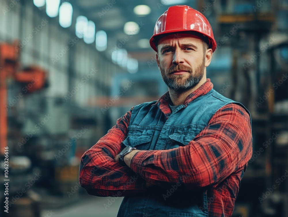 A factory worker in a red safety helmet and plaid shirt stands confidently with arms crossed in an industrial setting with machinery in the background. A factory worker in a red safety helmet and plaid shirt stands confidently with arms crossed in an industrial setting with machinery in the background.