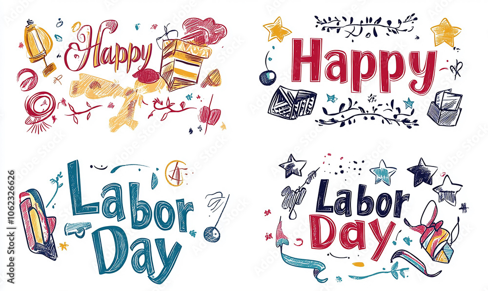 Fototapeta premium Happy Labor Day text logo design with hand lettering on a white background, an American holiday